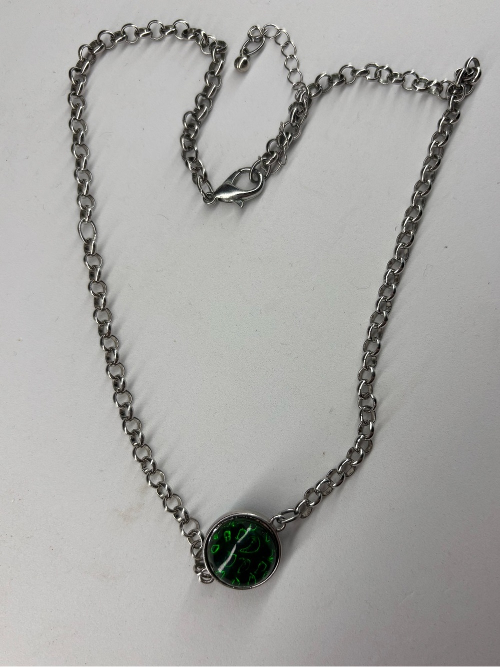 Silver Tone Necklace with Green Vintage  Czech Glass Double Sided Pendant